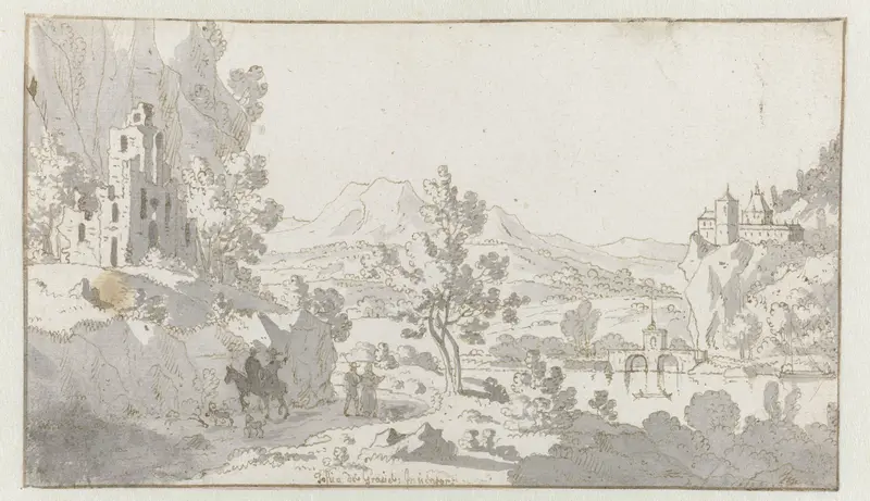 Italianiserend rivierlandschap met reizigers in de buurt van ruïnes Wall Art by Josua de Grave - High-Resolution Digital Print