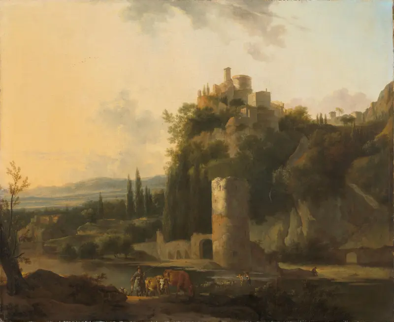 Italina landscape with round tower Wall Art by Frederik de Moucheron - High-Resolution Digital Print