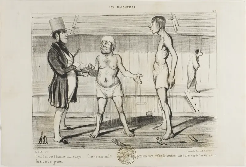 “It's important for a man to know how to swim. He is not doing so badly for a start. You could think it's a fish, at least while he is attached to the cord. But he'll learn it… he is still young!,” plate 5 from Les Baigneurs