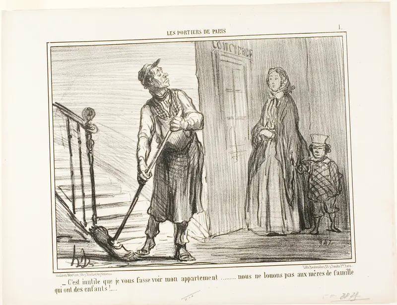 “- It's useless to show you my apartment. We are not renting out to mothers with children,” plate 1 from Les Portiers De Paris