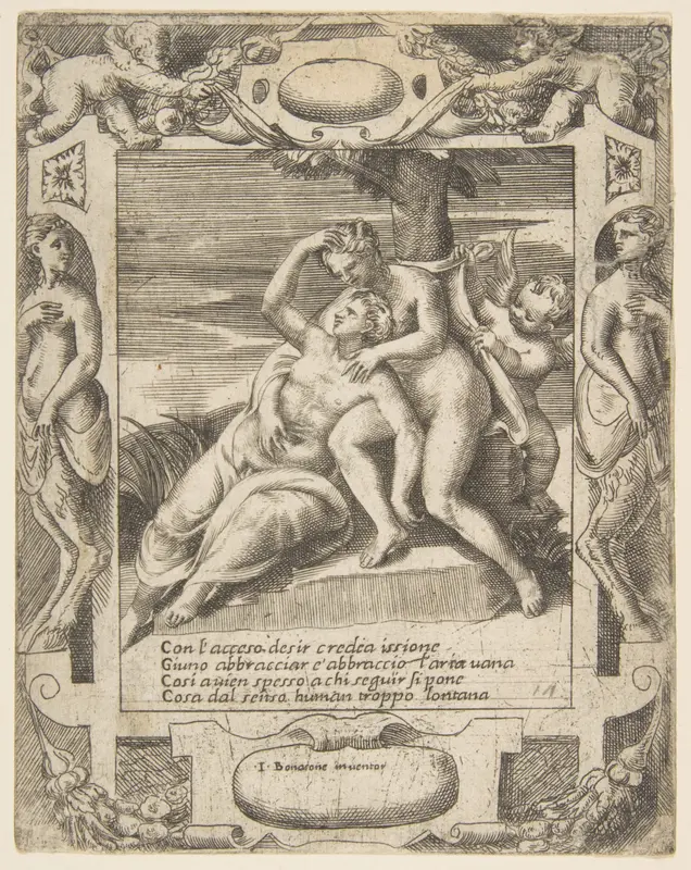 Ixion embracing a cloud, thinking it is Juno, Cupid at the right, set within an elaborate frame, from "Loves, Rages and Jealousies of Juno" Wall Art by Giulio Bonasone - High-Resolution Digital Print