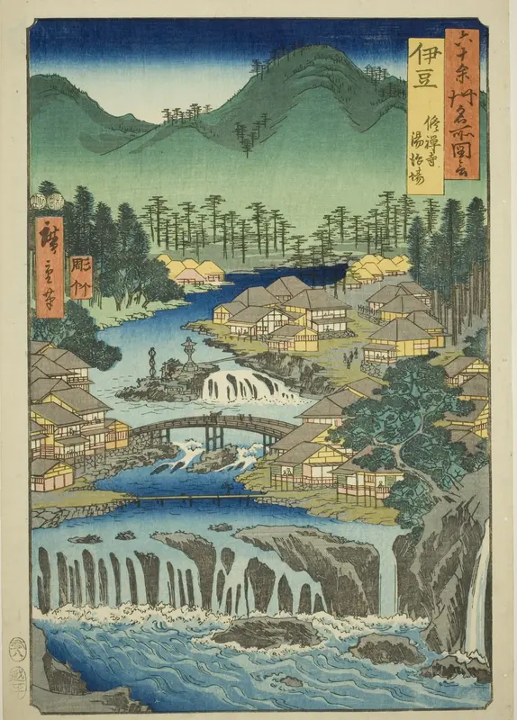 Izu Province: Hot Springs of the Shuzen Temple (Izu, Shuzenji tojiba), from the series "Famous Places in the Sixty-odd Provinces (Rokujuyoshu meisho zue)"