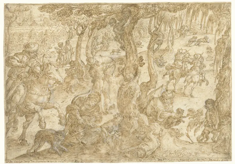 Jacht op apen in Ethiopië Wall Art by Jan van der Straet - High-Resolution Digital Print