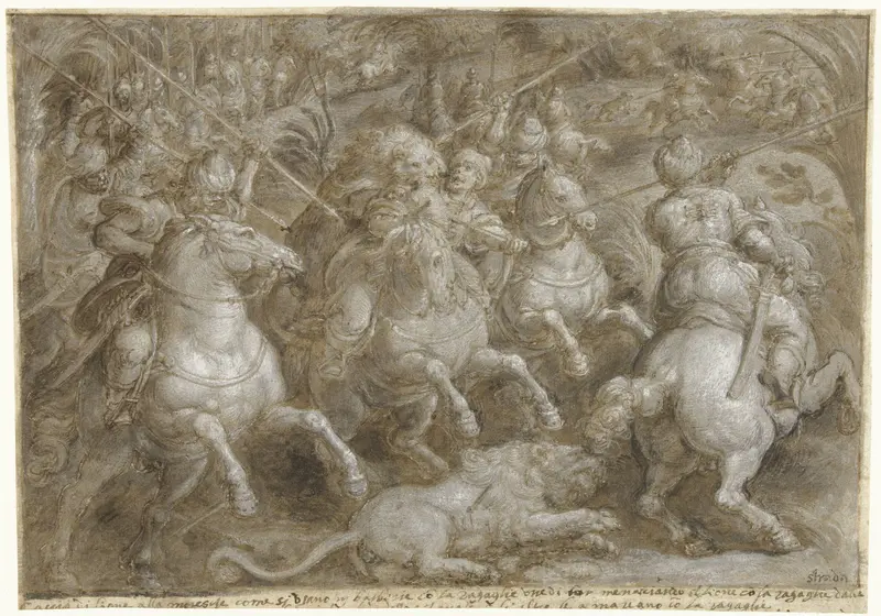 Jacht op Perzische leeuwen Wall Art by Jan van der Straet - High-Resolution Digital Print
