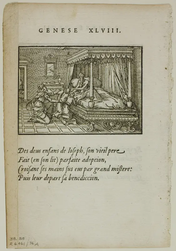 Jacob Blessing the Sons of Joseph (recto) and The Egyptians Sell their Goods to Joseph for Grain (verso) from Quadrins poetiques by Paradin, plate 76 from Woodcuts from Books of the XVI Century Wall Art by Bernard Salomon - High-Resolution Digital Print