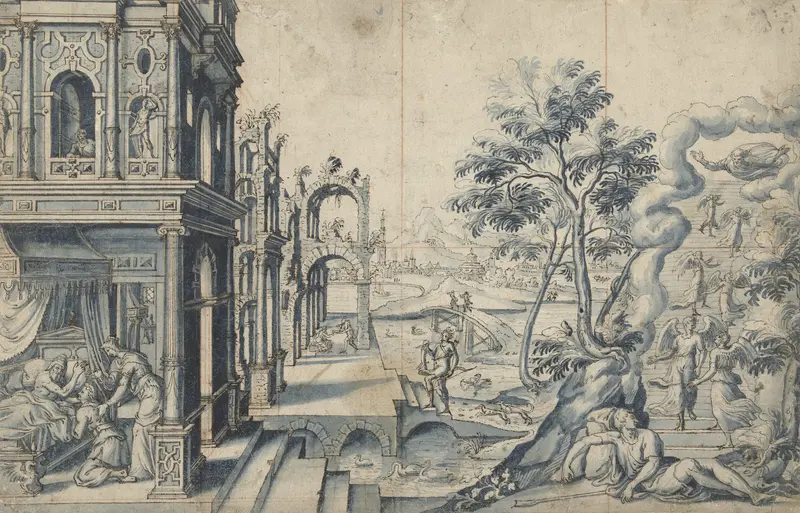 Jacob ontvangt de zegen van Izaäk; Jacobs ladder Wall Art by Cornelis Floris (II) - High-Resolution Digital Print