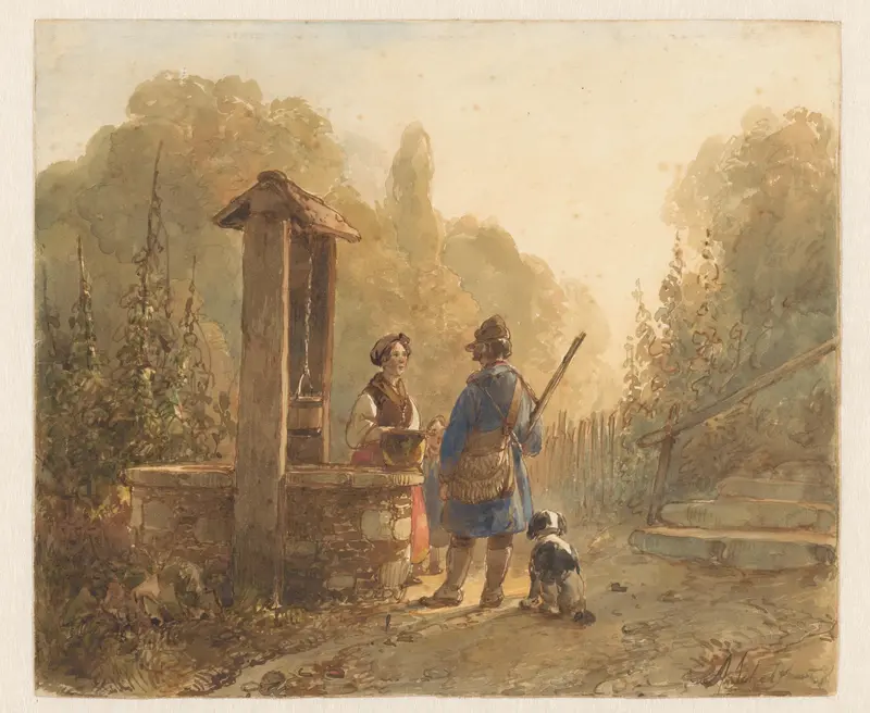 Jager in gesprek met een boerin bij een waterput, naast hem een hond Wall Art by Andreas Schelfhout - High-Resolution Digital Print