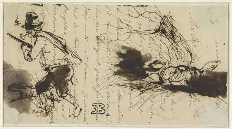 Jager met hond, over een brief getekend Wall Art by Eugène François de Block - High-Resolution Digital Print