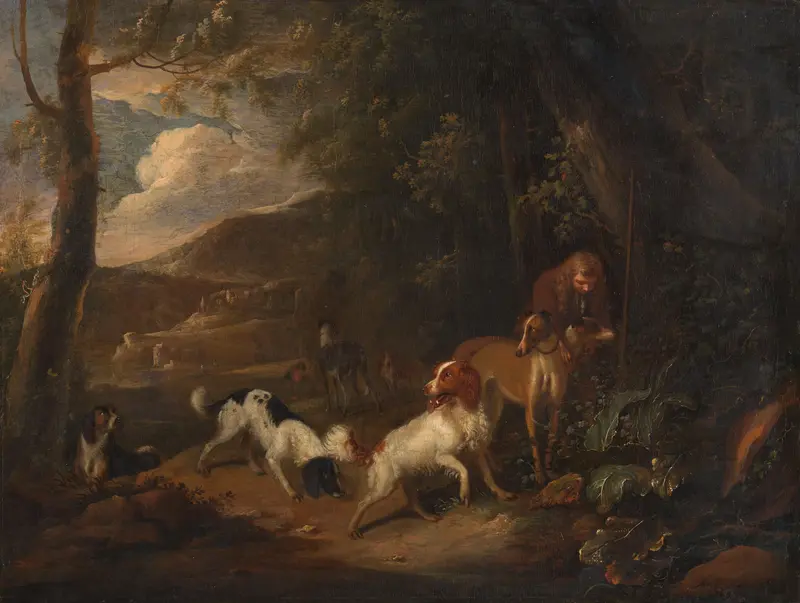 Jager met honden aan bosrand Wall Art by Adriaen Cornelisz Beeldemaker - High-Resolution Digital Print