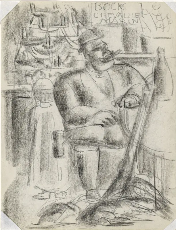 Jager zittend aan cafétafel, in zwart krijt Wall Art by Leo Gestel - High-Resolution Digital Print