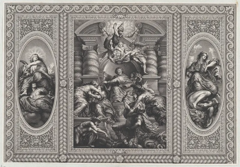 James I appointing Charles as King of Scotland at center, Minerva spearing Ignorance at right, and Hercules beating Envy at left Wall Art by Simon Gribelin II - High-Resolution Digital Print
