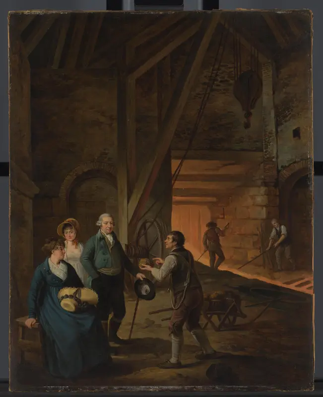 Jan Daniël Huichelbos van Liender, Petronella van Liender en Adriana Reepmaker in een Engelse ijzergieterij Wall Art by Unknown - High-Resolution Digital Print