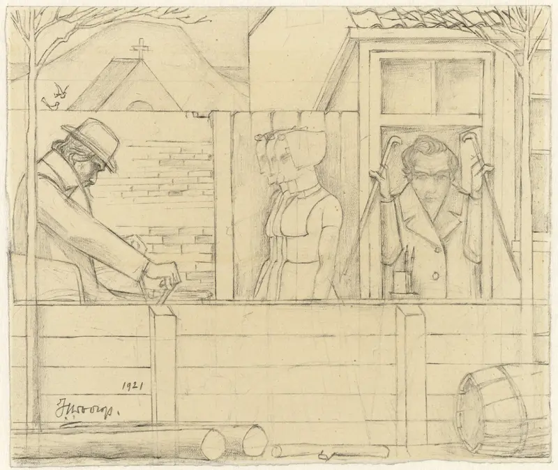 Jan Toorop in een rolstoel ziet zijn verleden in drie Zeeuwse meisjes en zichzelf in een raam Wall Art by Jan Toorop - High-Resolution Digital Print