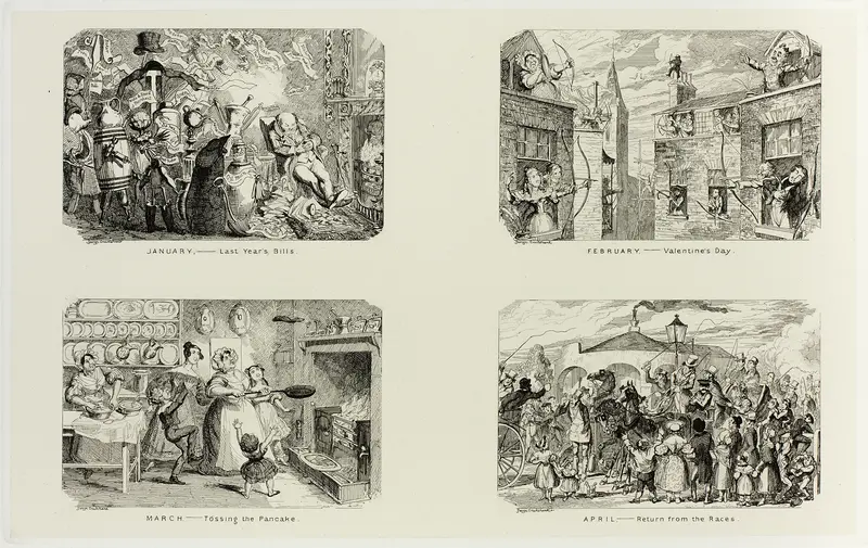 January – Last Year's Bills from George Cruikshank's Steel Etchings to The Comic Almanacks: 1835-1853 (top left) Wall Art by George Cruikshank - High-Resolution Digital Print