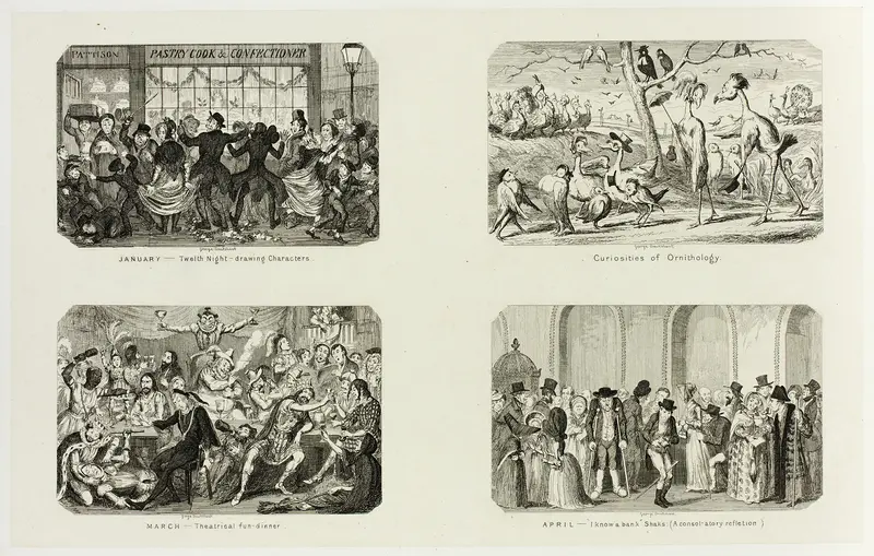 January - Twelfth Night Drawing Characters from George Cruikshank's Steel Etchings to The Comic Almanacks: 1835-1853 (top left) Wall Art by George Cruikshank - High-Resolution Digital Print