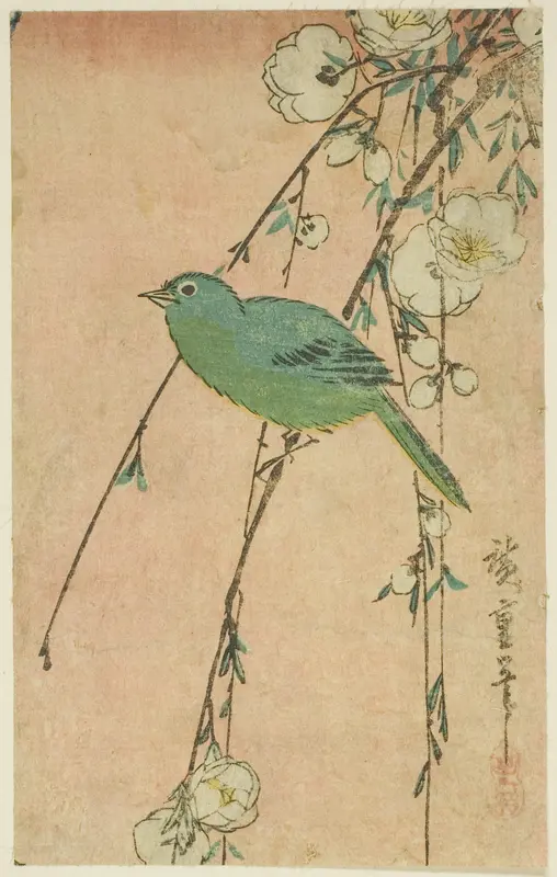 Japanese white-eye and weeping cherry Wall Art by Utagawa Hiroshige - High-Resolution Digital Print