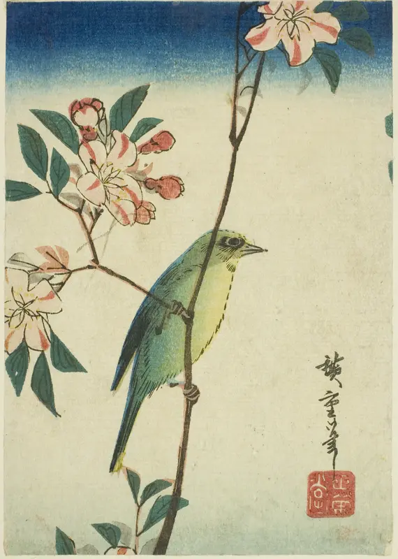 Japanese white-eye on flowering branch Wall Art by Utagawa Hiroshige - High-Resolution Digital Print