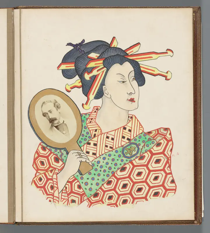 Japanse dame met handspiegel waarin een foto van een man Wall Art by Unknown - High-Resolution Digital Print