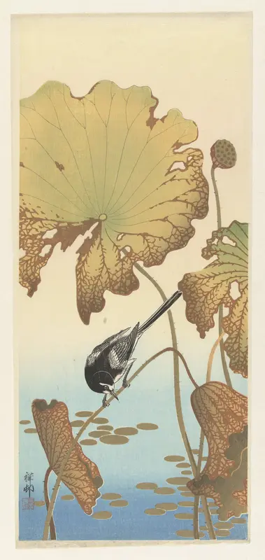 Japanse kwikstaart op lotusplant Wall Art by Watanabe Shōzaburō - High-Resolution Digital Print