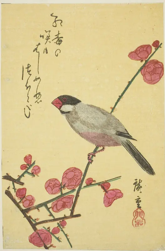 Java sparrow on plum branch Wall Art by Utagawa Hiroshige - High-Resolution Digital Print