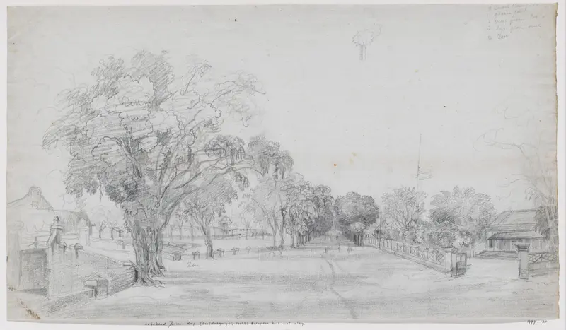 Javaans dorp (hoofdnegorij) met rechts een Europees huis met vlag, halfstok, West-Java Wall Art by Adrianus Johannes Bik - High-Resolution Digital Print