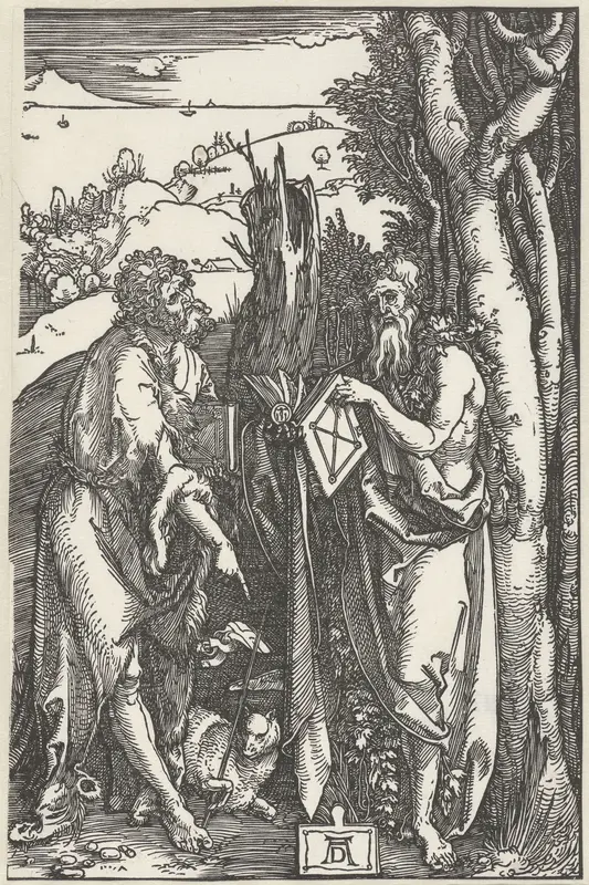 Johannes de Doper met de Heilige Onuphrius in de wildernis Wall Art by Unknown - High-Resolution Digital Print