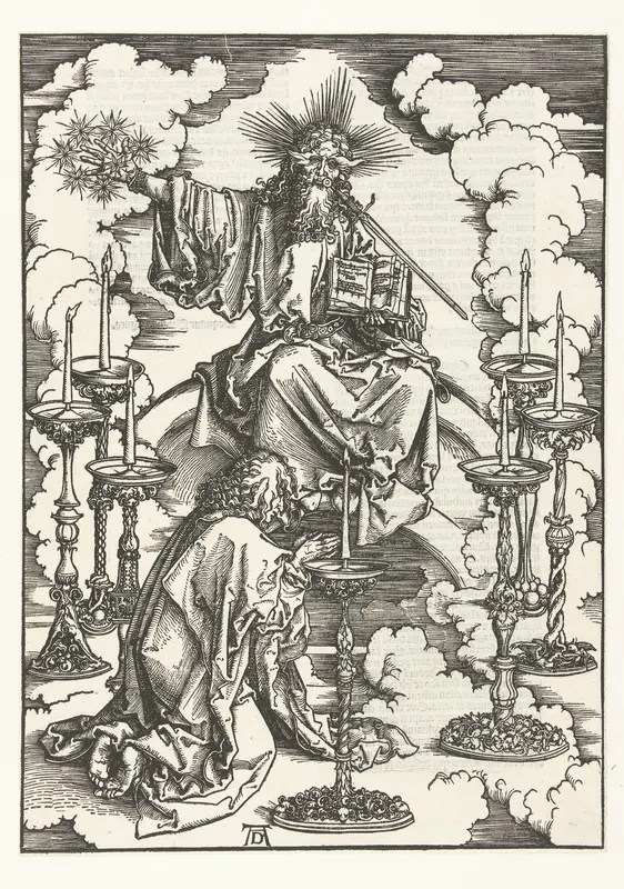 Johannes de Evangelist knielt voor Christus temidden van zeven kandelaars Wall Art by Unknown - High-Resolution Digital Print