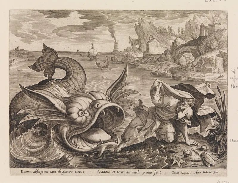 Jonah Cast on Shore by the Fish, from "The Story of Jonah" Wall Art by Maerten de Vos - High-Resolution Digital Print