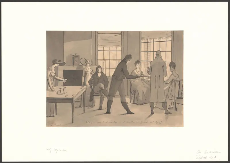 Jong gezelschap drinkt alcohol terwijl Christiaan Andriessen een gerecht ronddeelt Wall Art by Christiaan Andriessen - High-Resolution Digital Print