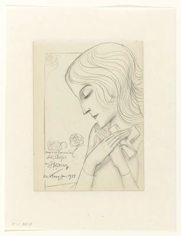 Jong meisje in meditatie een kruis omvattend Wall Art by Jan Toorop - High-Resolution Digital Print
