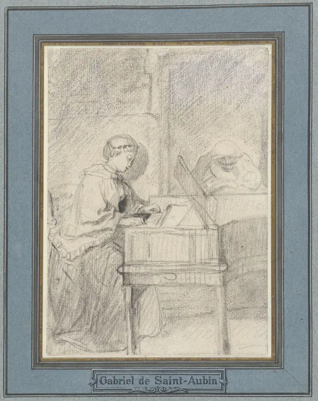 Jonge vrouw aan een clavecimbel Wall Art by Gabriel Jacques de Saint-Aubin - High-Resolution Digital Print