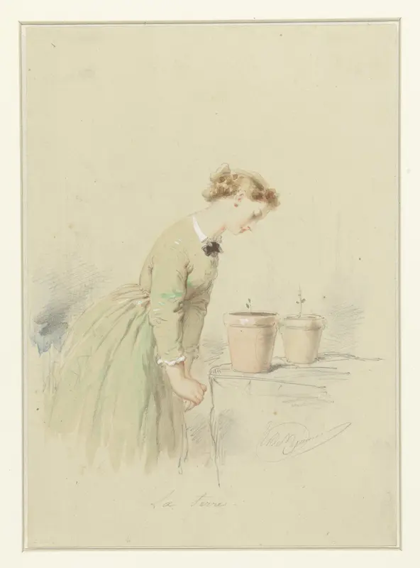 Jonge vrouw bekijkt twee kleine plantjes in bloempotten op een tafel Wall Art by Edouard de Beaumont - High-Resolution Digital Print