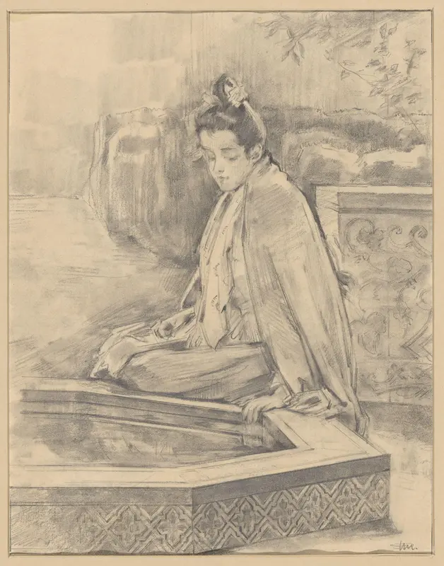 Jonge vrouw bij de fontein bij het paviljoen van Karel V in het Koninklijk Paleis te Sevilla Wall Art by Unknown - High-Resolution Digital Print