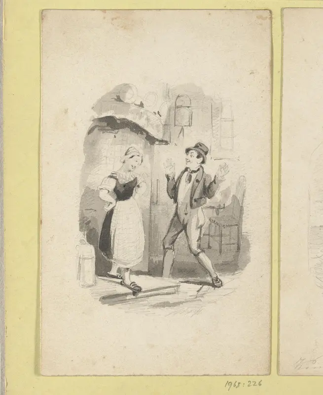 Jonge vrouw en man met opgeheven armen in een interieur Wall Art by Johann Wilhelm Kaiser (I) - High-Resolution Digital Print