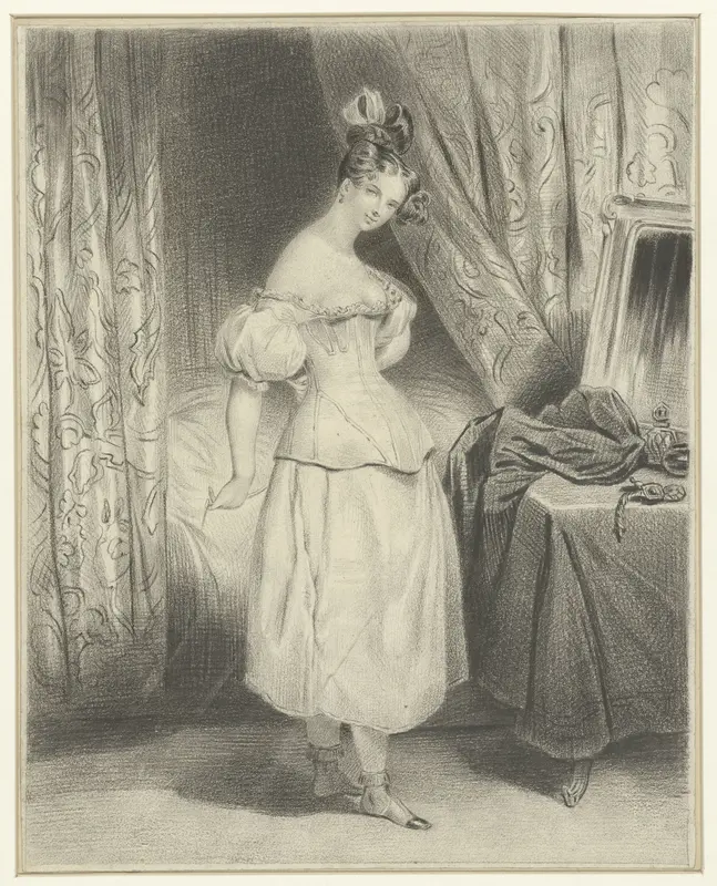 Jonge vrouw in slaapvertrek, haar corsetlijfje losrijgend Wall Art by Frédéric Bouchot - High-Resolution Digital Print