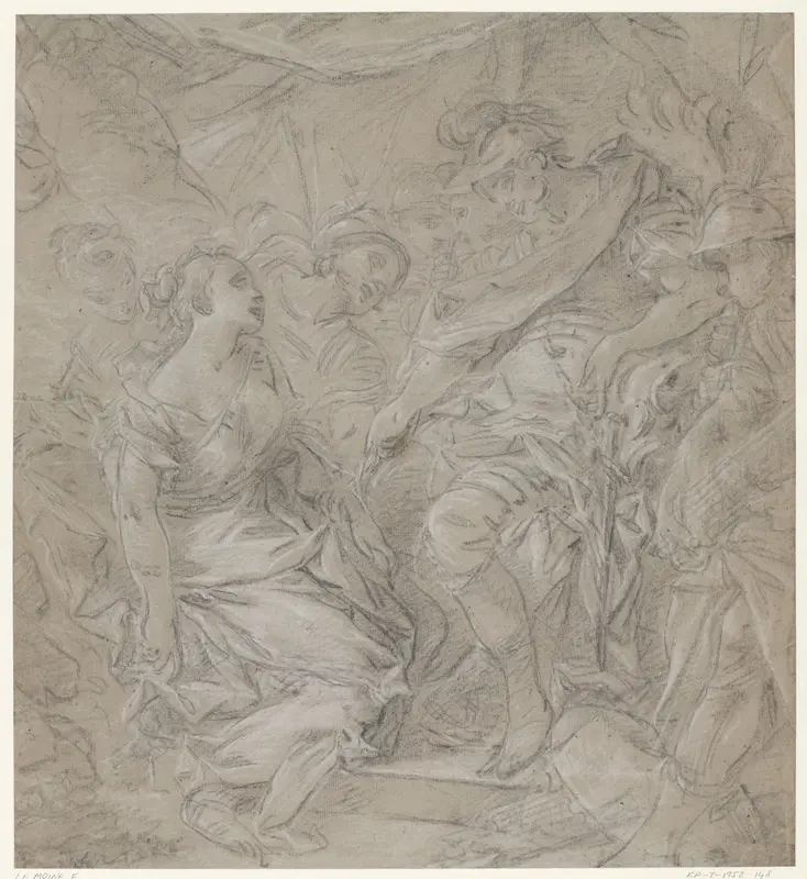 Jonge vrouw knielend voor een veldheer in zijn tent (Scipio?) Wall Art by Unknown - High-Resolution Digital Print