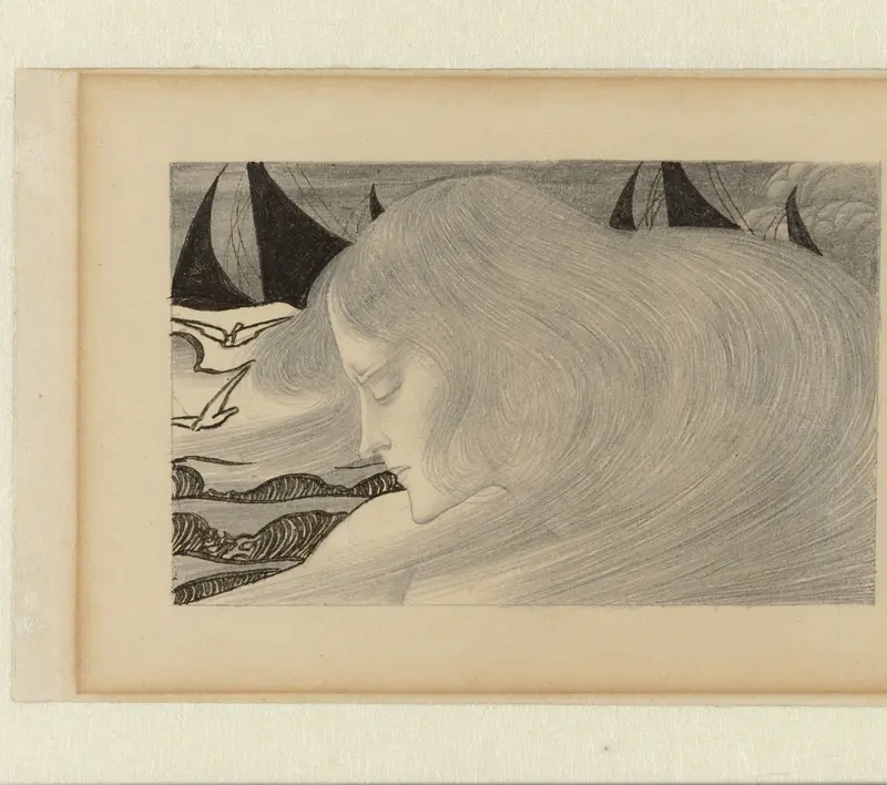 Jonge vrouw met golvend haar voor een zee met schepen Wall Art by Jan Toorop - High-Resolution Digital Print