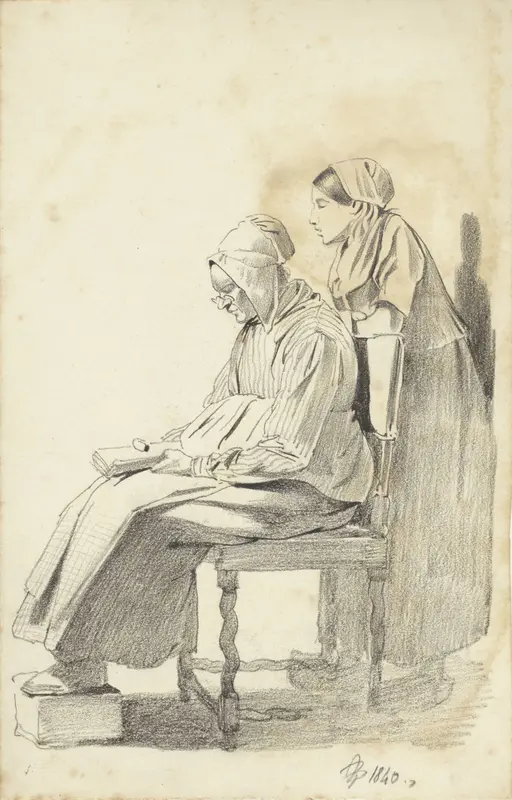 Jonge vrouw staande achter een zittende lezende oude vrouw, van opzij Wall Art by Pieter van Loon - High-Resolution Digital Print