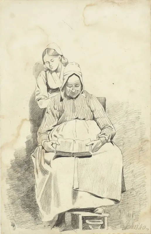 Jonge vrouw staande achter een zittende lezende oude vrouw Wall Art by Pieter van Loon - High-Resolution Digital Print