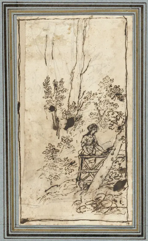 Jonge vrouw staande bij een hek in een bos Wall Art by Claude Lorrain - High-Resolution Digital Print