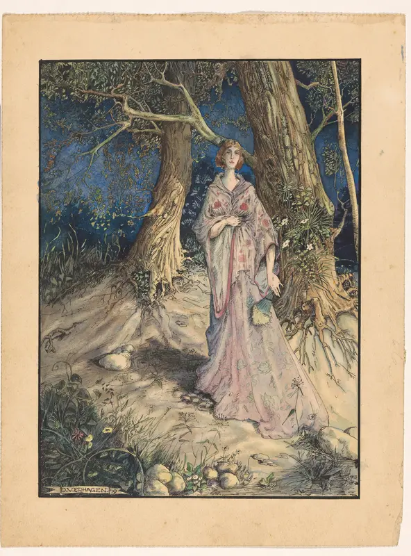 Jonge vrouw voor twee bomen in de nacht Wall Art by Unknown - High-Resolution Digital Print