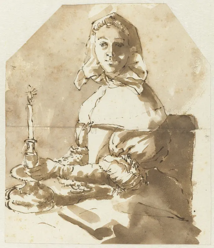 Jonge vrouw zittend aan tafel Wall Art by Constantijn Huygens (II) - High-Resolution Digital Print