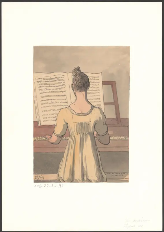 Jongedame op de rug gezien terwijl zij de fortepiano speelt Wall Art by Christiaan Andriessen - High-Resolution Digital Print