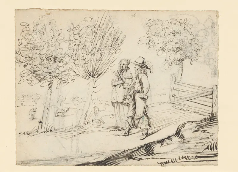 Jongeman en vrouw hand in hand lopend op een plattelandsweg Wall Art by Unknown - High-Resolution Digital Print