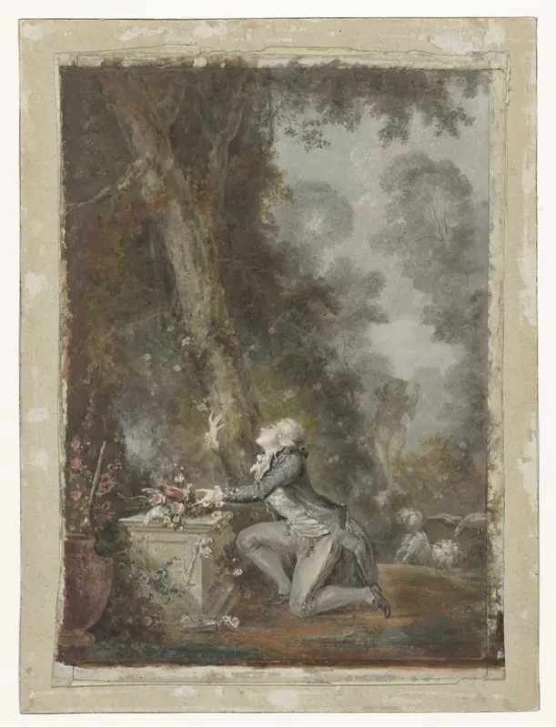 Jongeman knielend bij een liefdesaltaar in een tuin Wall Art by Jean Frédéric Schall - High-Resolution Digital Print