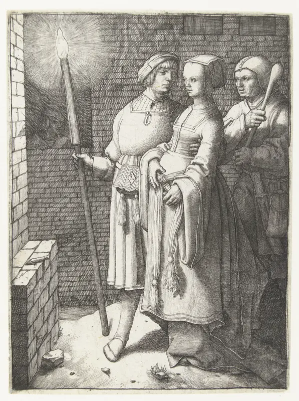 Jongeman met een toorts, een vrouw en een nar Wall Art by Unknown - High-Resolution Digital Print