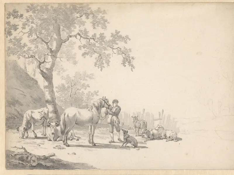 Jongeman met paard en hond tussen ander rustend vee onder boom Wall Art by anonymous - High-Resolution Digital Print