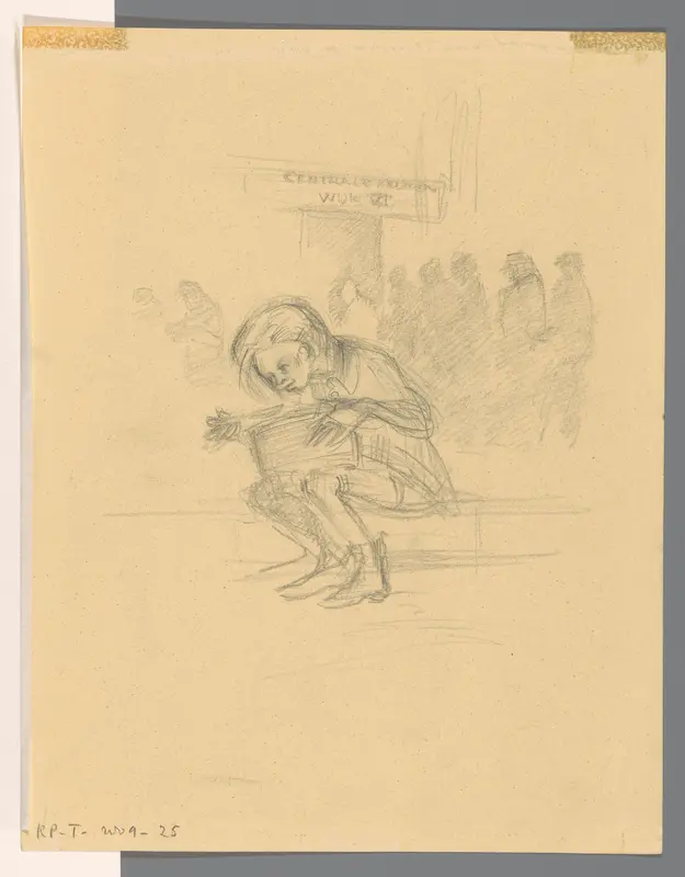 Jongen bij gaarkeuken, geknield etend op straat Wall Art by Unknown - High-Resolution Digital Print