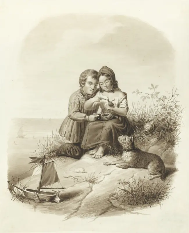 Jongen en een meisje met een hond voeren een vogeltje Wall Art by Jan Braet von Uberfeldt - High-Resolution Digital Print