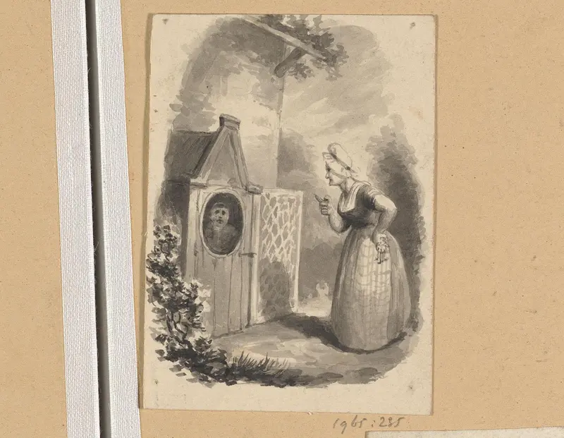 Jongen in een kippenhok opgesloten door een vrouw Wall Art by Johann Wilhelm Kaiser (I) - High-Resolution Digital Print